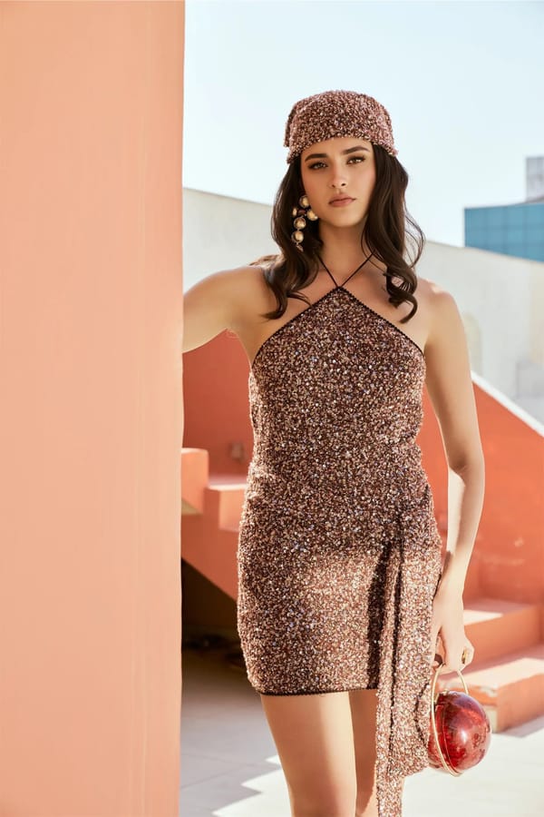 Brown Sequin Halter Neck Bodycon Mini Dress — Torqadorn