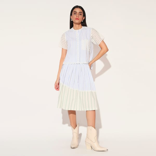 Blue Green Striped Shirt and Midi Skirt Co-ord Set — Linetribe