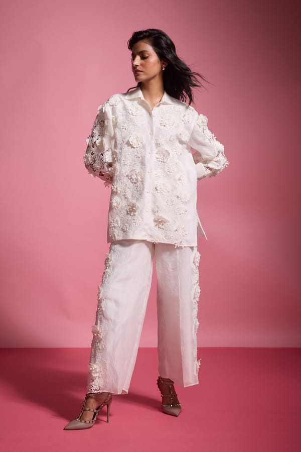 Ivory Wide-Leg Linen-Silk Lace Applique Trousers — Dash and Dot