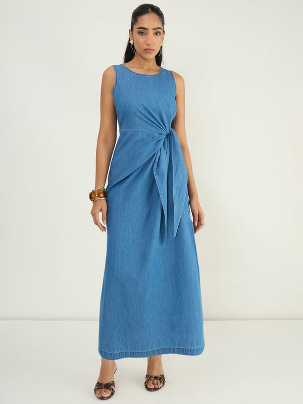 Mid Blue Denim Knot-Detail Maxi Dress — Femmella