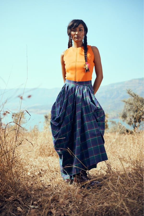 Blue Green Madras Check Wrap Maxi Skirt with Pockets — Unrush