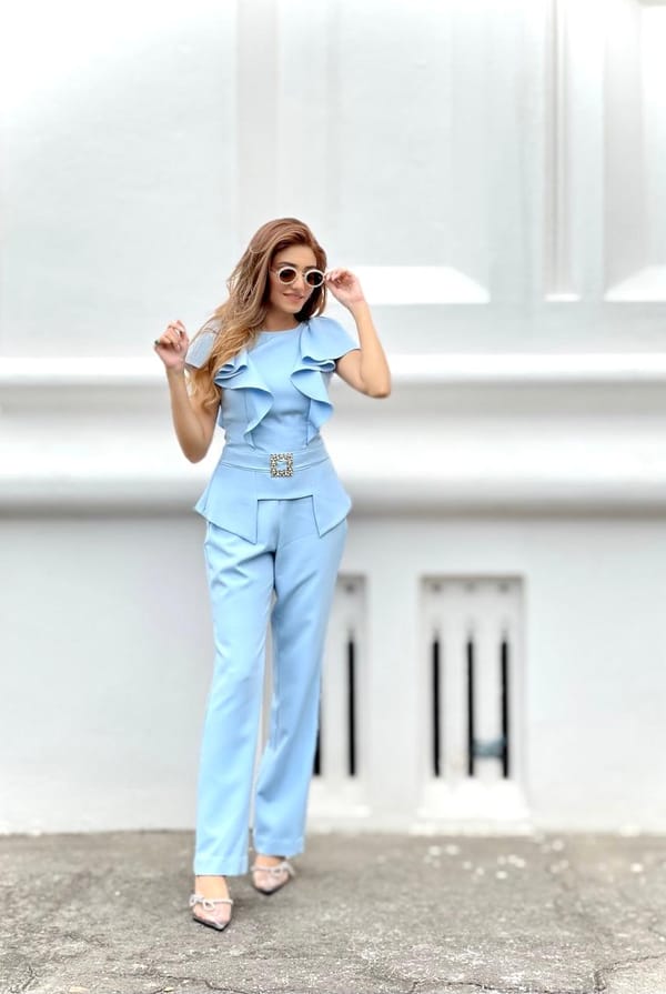 Ice Blue Ruffle Peplum Co-ord Set with Straight Pants — Label IRIS