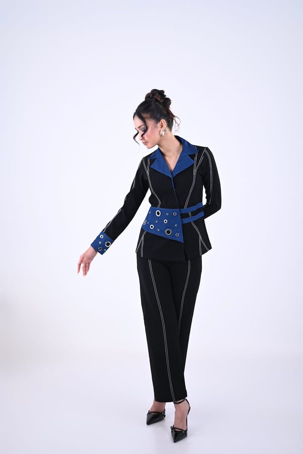 Black Straight-Leg Tailored Trousers with Contrast Lines — Veera Wear