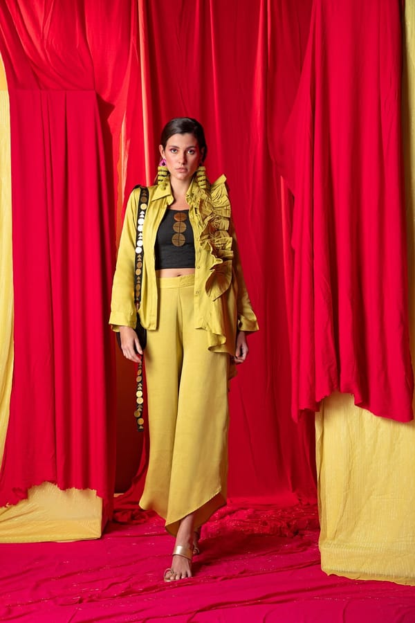 Lime Green Asymmetric Ruffle Shirt and Palazzo Co-ord Set — EnEch