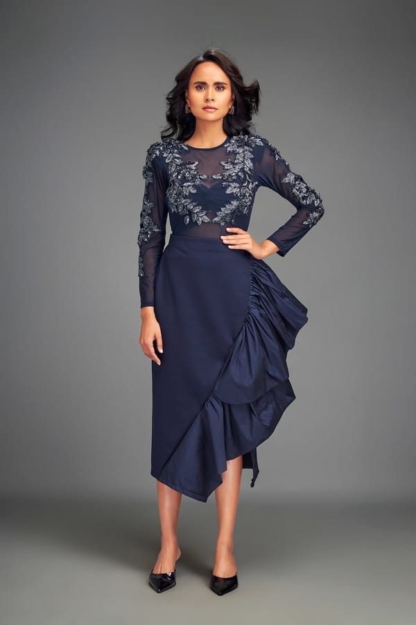 Full-Sleeve Embellished Mesh Bodice Top & Asymmetric Skirt — Deepika Arora