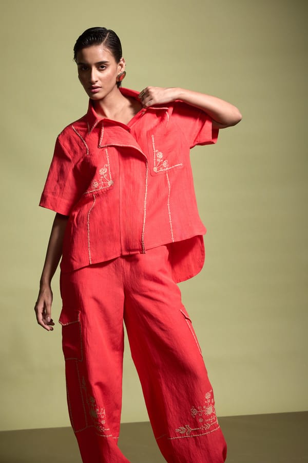 Scarlet Embroidered Viscose Linen Wide-Leg Trousers — Dash and Dot