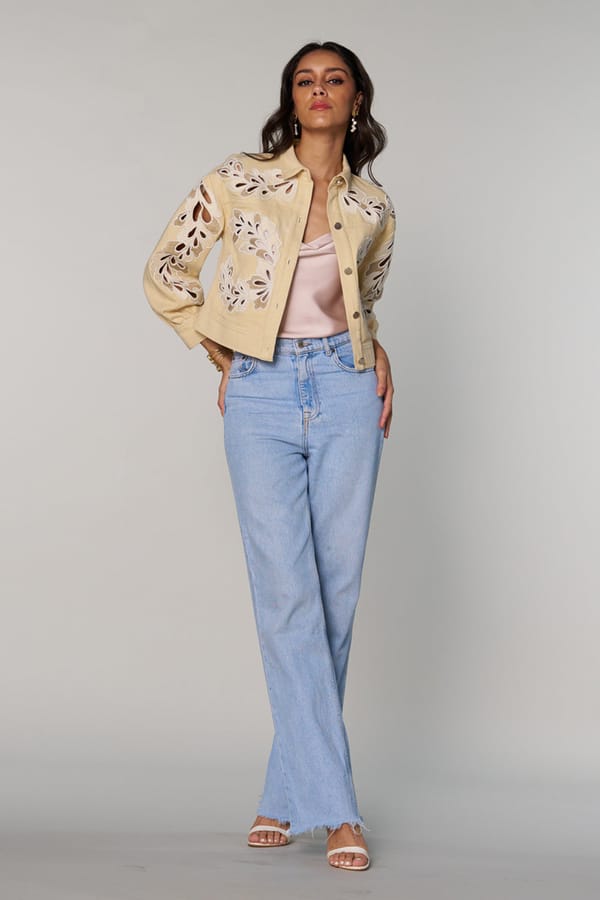 Beige Cropped Cutwork Embroidered Cotton Jacket — Style Island