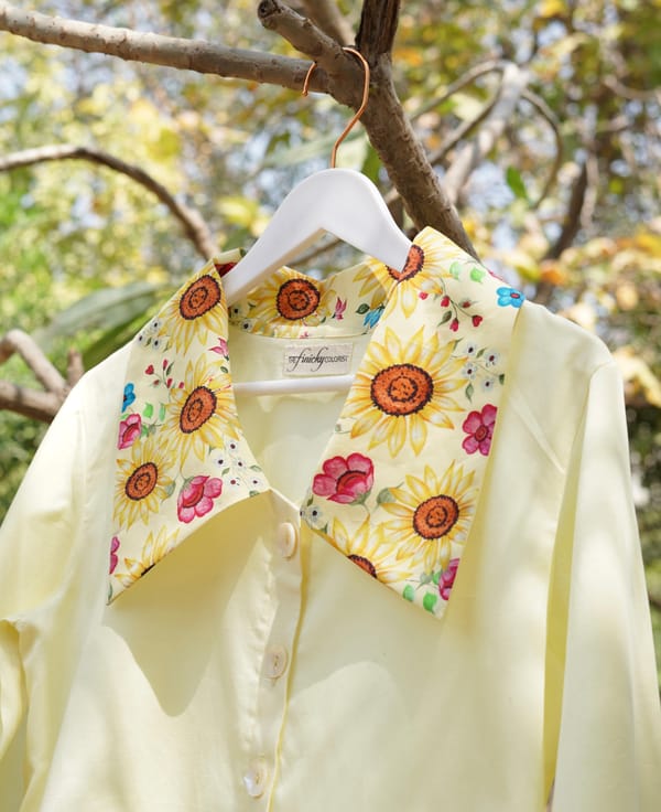 Yellow Cotton Satin Shirt with Floral Printed Collar — THE FINICKY COLORIST