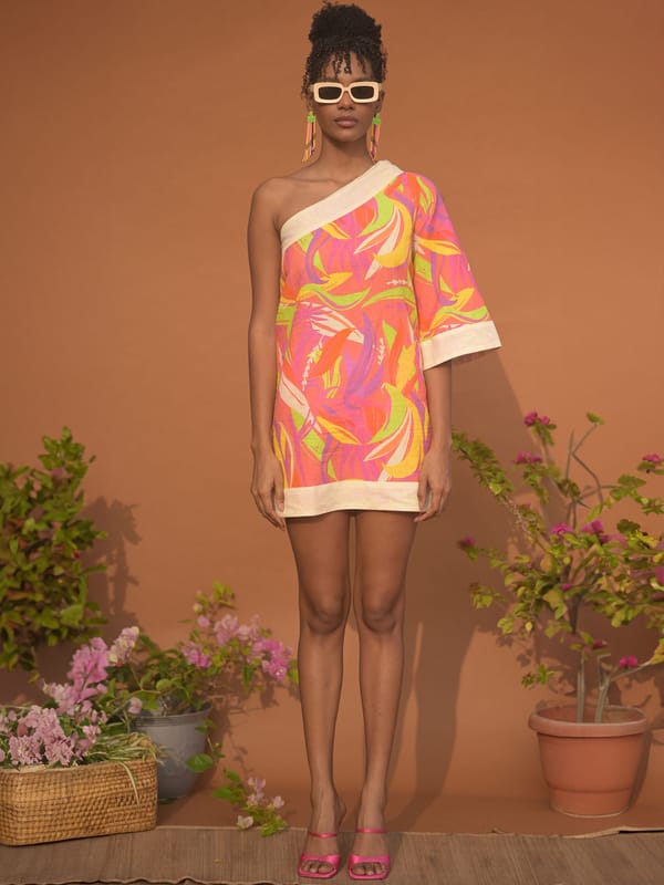 Multicolor Linen One-Shoulder Printed Mini Dress — GUAPA