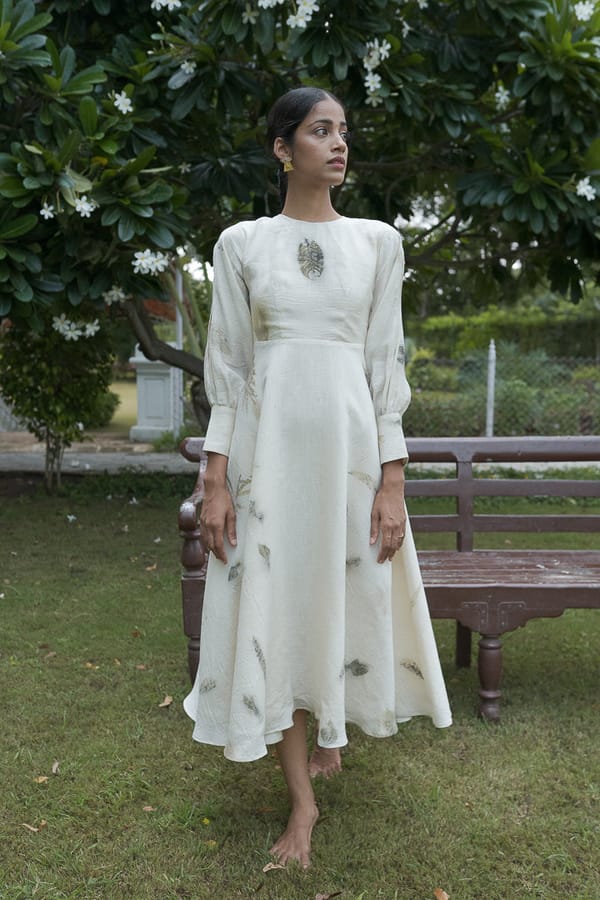 Ivory Khadi Silk Leaf Print Fit and Flare Midi Dress — ALTER NATIVE