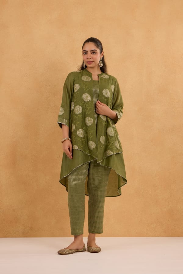 High-Low Tissue Embroidered Chanderi Jacket Set with Inner and Pants — Omi Clothing