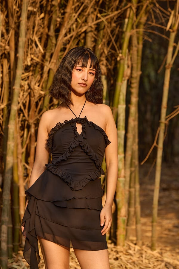 Black Ruffled Halter Neck Top with Keyhole Cutout — The Clothing Factory