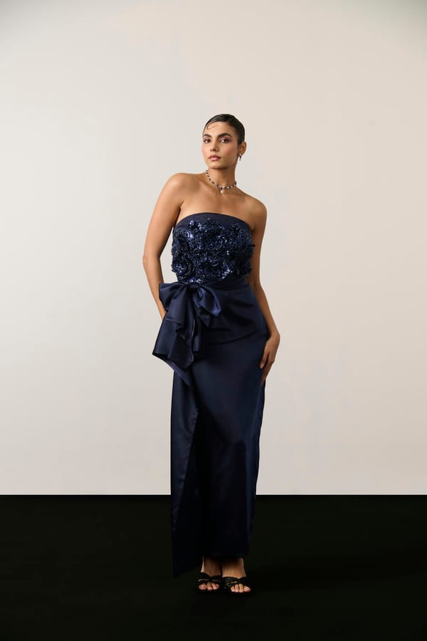 Navy Blue Satin Strapless Embellished Maxi Drape Dress — Label IRIS