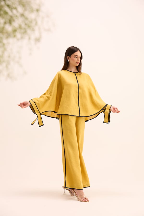 Ochre Linen Cape Top and Wide-Leg Pants Co-ord Set — Prink Tonic