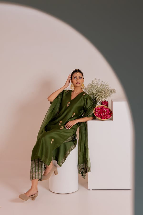Olive Green Chanderi Embroidered Kurta Set — Silai studio
