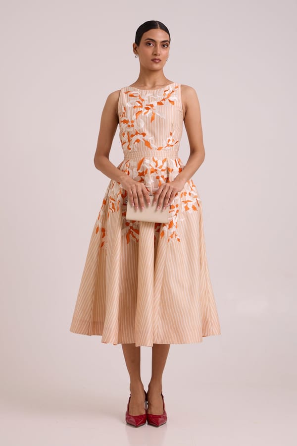 Almond Striped Chanderi Silk Embroidered Midi Dress — Madder Much