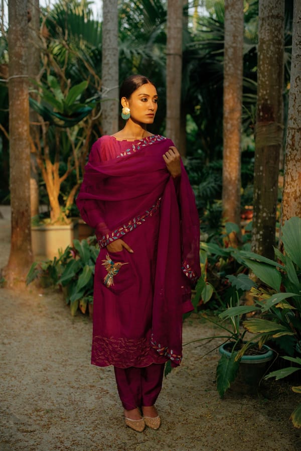 Pink A-Line Kurta Set with Boat Neck and Dupatta — SHRISTICHETANI