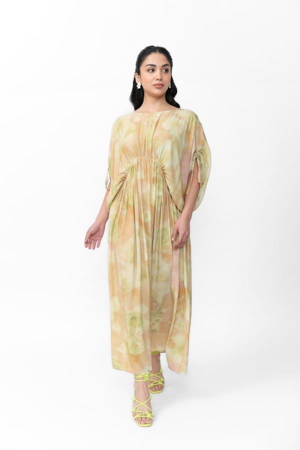 Mint Sheer Watercolor Print Kaftan Maxi Dress — Contemponari