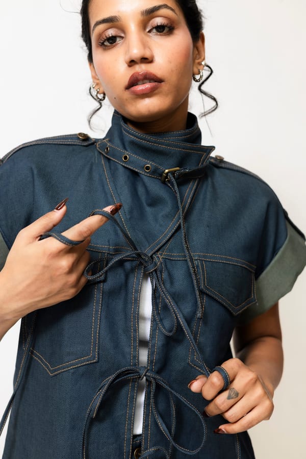 Dual-Tone Denim Utility Jacket with Lace-Up Front — Shop Staple