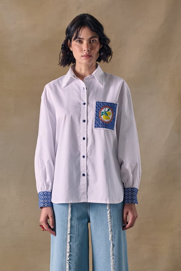 White Cotton Satin Embroidered Pocket Button-Down Shirt — Pocketful Of Cherrie