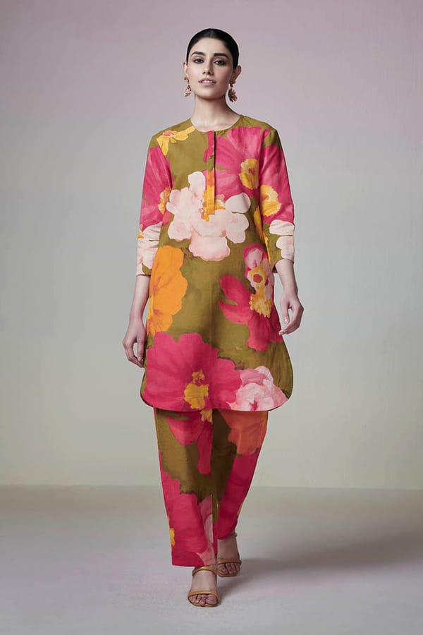 Olive Green Floral Printed Linen-Cotton Kurta Set — Dressfolk