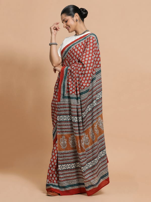 Hand Block Printed Red Cotton Mulmul saree Rozaana — BINKS