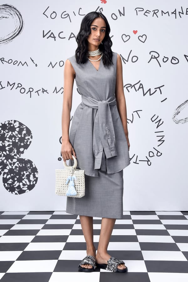 Pearl Grey Poly Wool A-Line Midi Dress with Waist Tie — Genes Lecoanet Hemant
