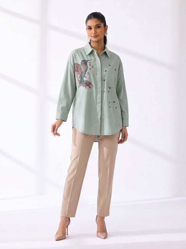Green Printed Longline Button-Down Shirt — THE LUXURY DRESSING