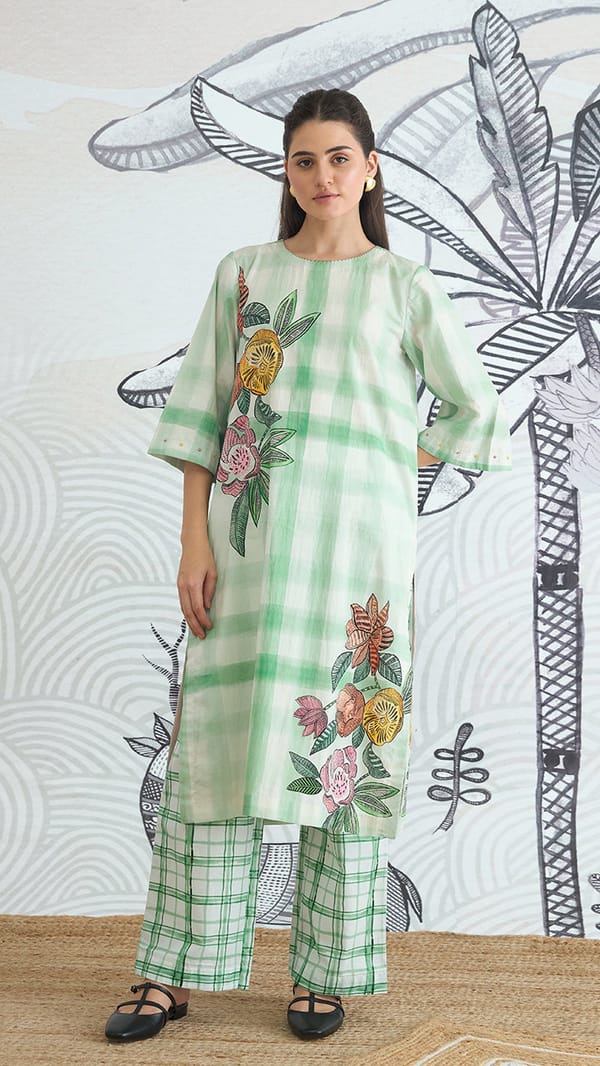 Green Check Floral Placement Kurta Set with Pants — SHIVANI BHARGAVA