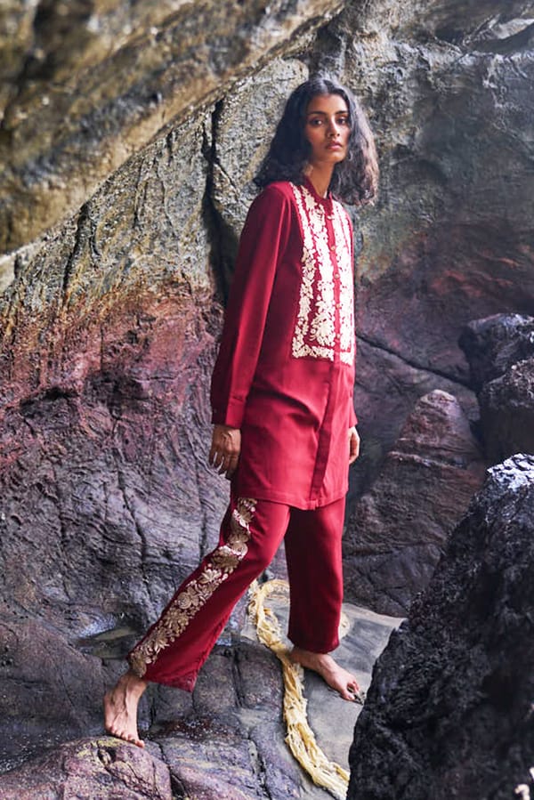 Cherry Red Embroidered Longline Shirt and Pant Co-ord Set — Dash and Dot