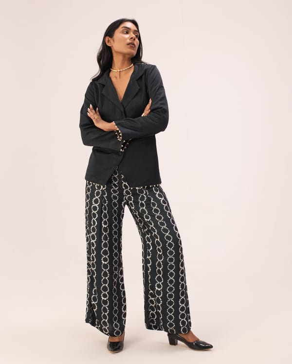 Black Satin Blazer and Printed Straight Pants Co-ord Set — DORABI