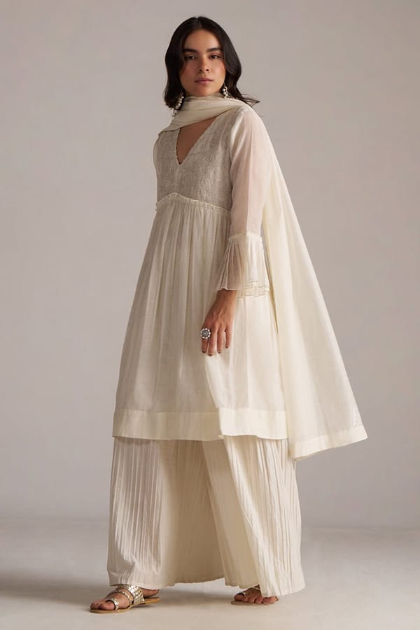 Ivory Chanderi A-Line Kurta Set with Embroidered Yoke — Ganga Fashions Pvt Ltd