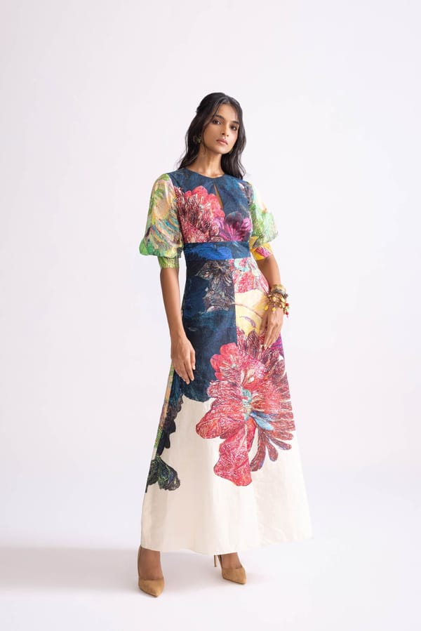 Multicolor Daisy Print A-Line Maxi Dress with Puff Sleeves — Saaksha and Kinni