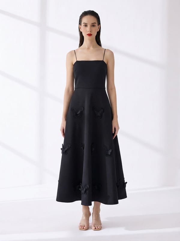 Black Fit and Flare Midi Dress with Tonal Applique — OZEQO