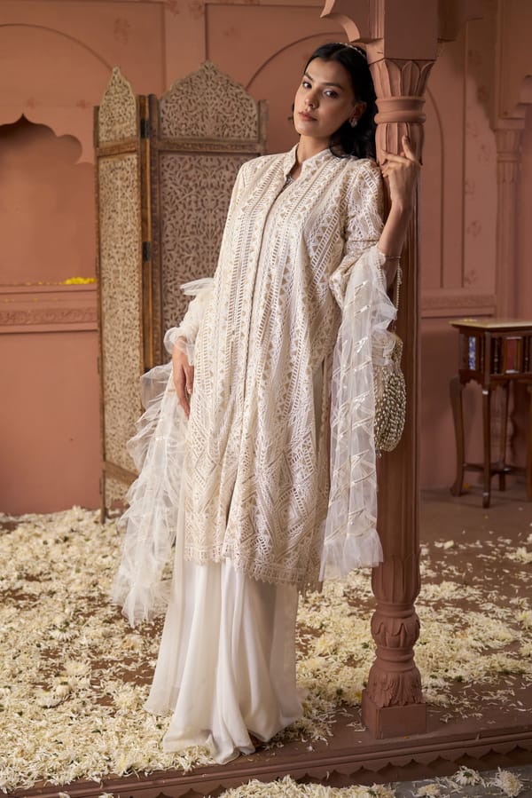 Ivory Nude Sequin Net Tunic and Flared Pants Co-ord Set — TASUVURE