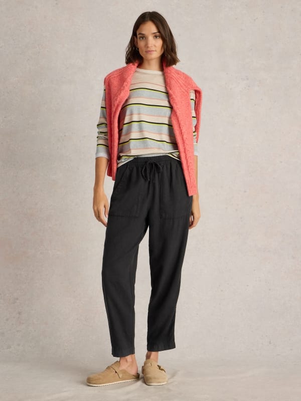 Pure Black Linen Blend Drawstring Tapered Trousers — White Stuff
