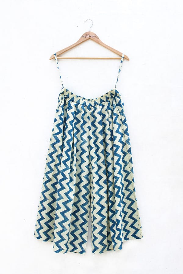 Indigo/White Chevron Print Cotton Culottes with Pockets — Vraj Bhoomi