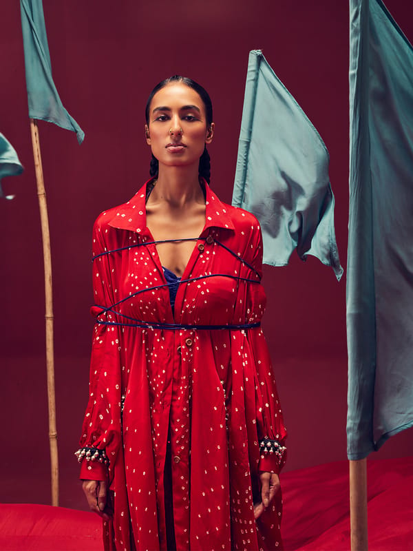 Red Bandhani Button-Front Shirt-Style Co-ord Set — 5 Elements