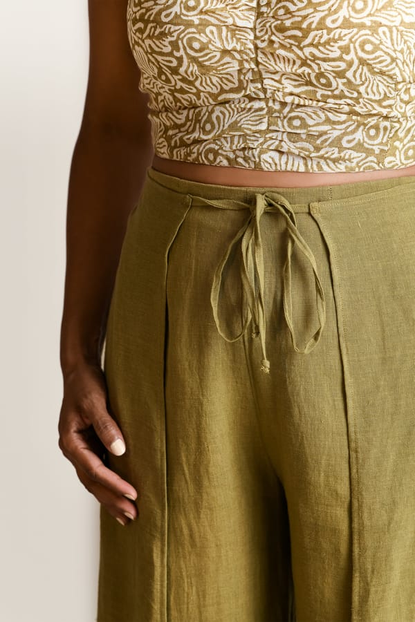 Olive Linen Wrap Wide-Leg Trousers with Tie-Up Waist — HEADSTRONG