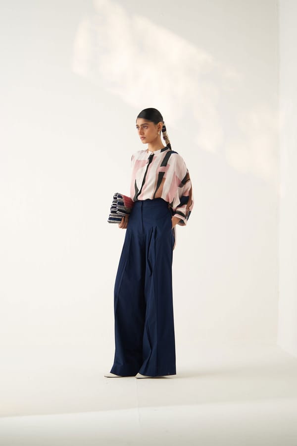 Abstract Print Shirt and Navy Wide-Leg Co-ord Set — Ofrida