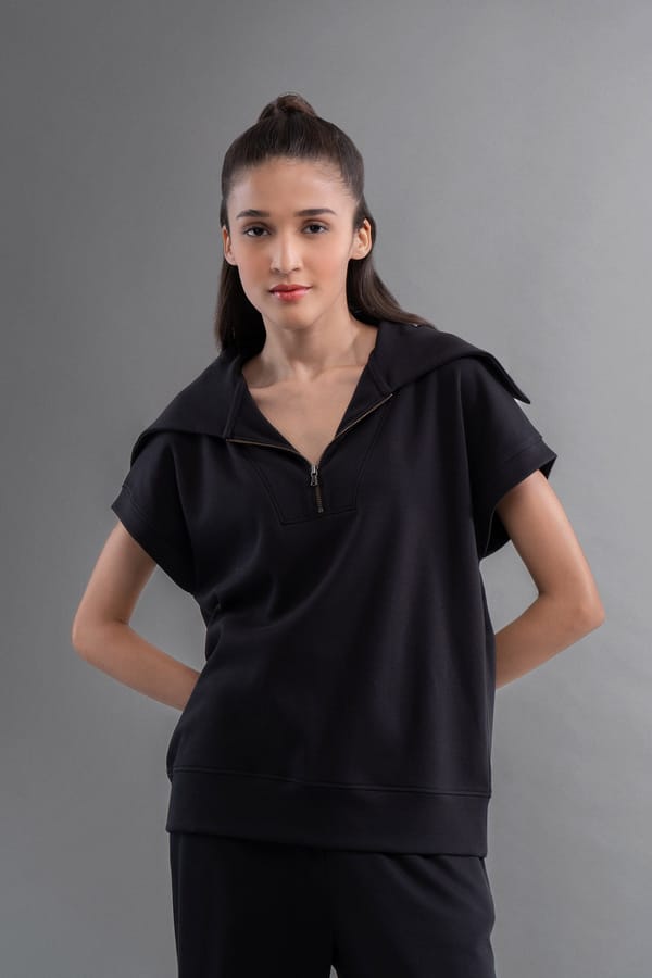 Black Half-Zip Polo Neck Relaxed Fit Top — Necesera