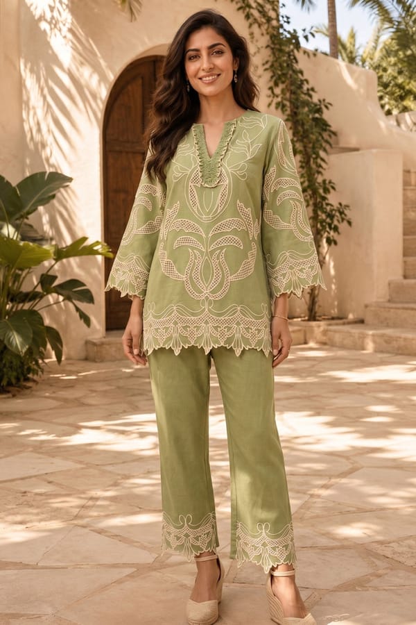 Sage Elegance Embroidered Co-Ord Set — BOHO-CHIC