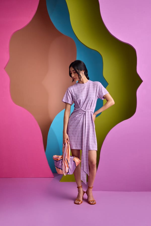 Lilac Printed Jersey Mini Dress with Waist Tie — CUIN