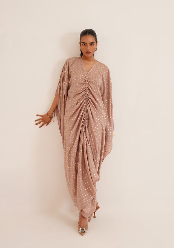 Baby Pink Maxi Kaftan Dress with Gold Foil Print — AMOSHI