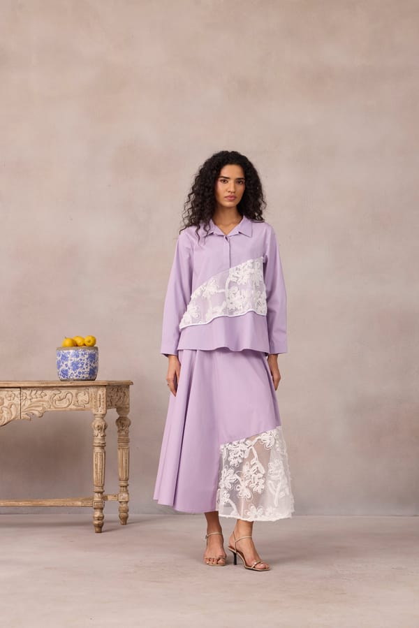 Sweet Lavender Panelled Flared Midi Skirt with Applique — 63East