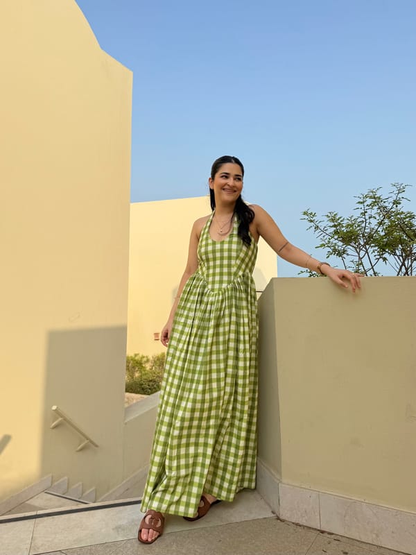 Pistachio Plaid Halter Neck Fit and Flare Maxi Dress — GAIMA LABEL