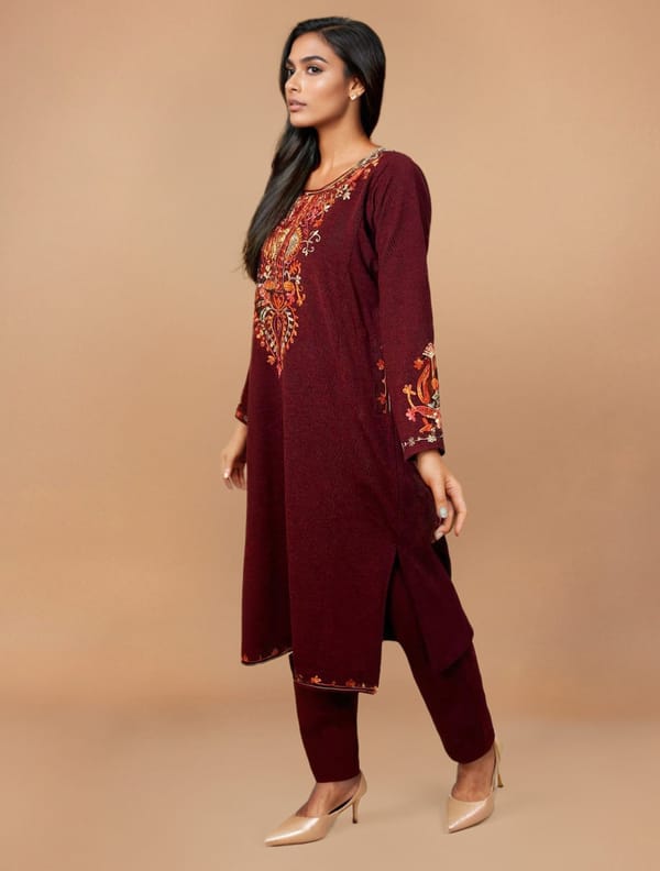 Maroon Embroidered Woollen Phiran Kurta Set — Truebrowns