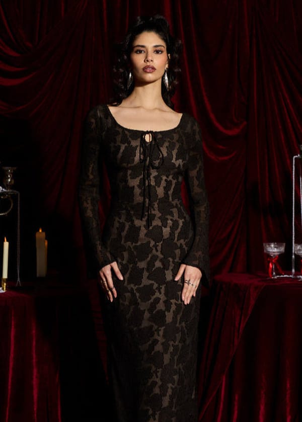 Nocturne Shadow Jacquard Lace Midi Dress — Lea Clothing