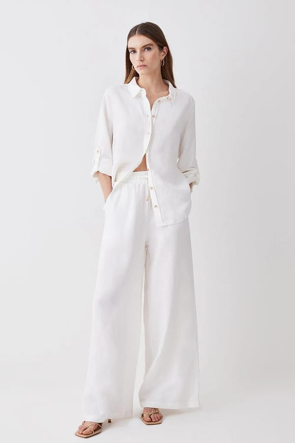 White Cotton Wide-Leg Drawstring Trousers — KAREN MILLEN