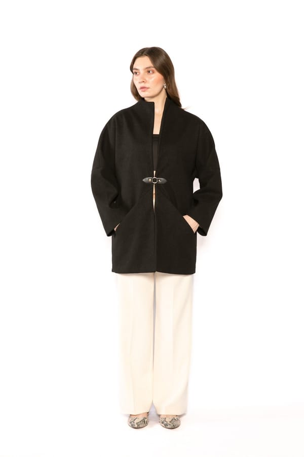 Black Cashmere Wool Boxy Jacket with Waist Buckle — Contemponari